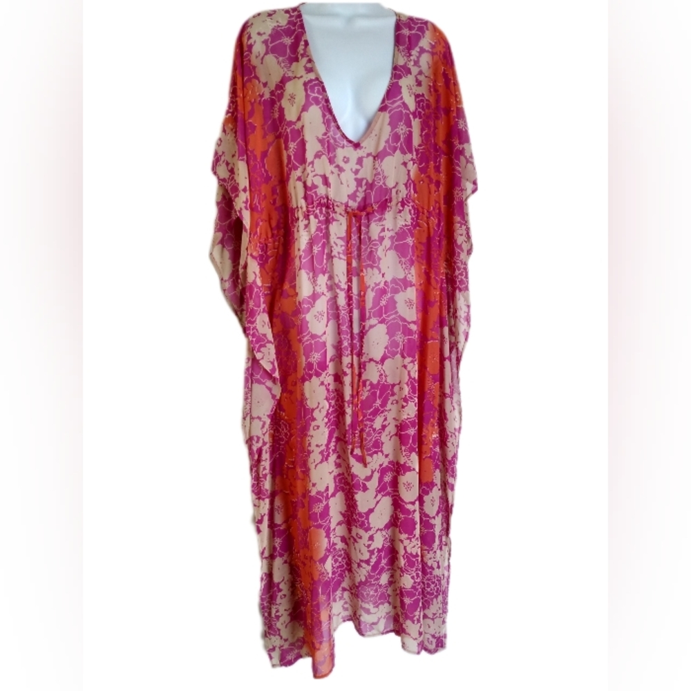 NWT Avenue Pink Sheer Floral Empire Waist Caftan/Swimsuit Coverup, Size 14/16